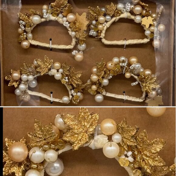 8 Rachel Ashwell Gold Maple Leaf Napkin Rings Beaded Elegant Fall Thanksgiving - Picture 1 of 9